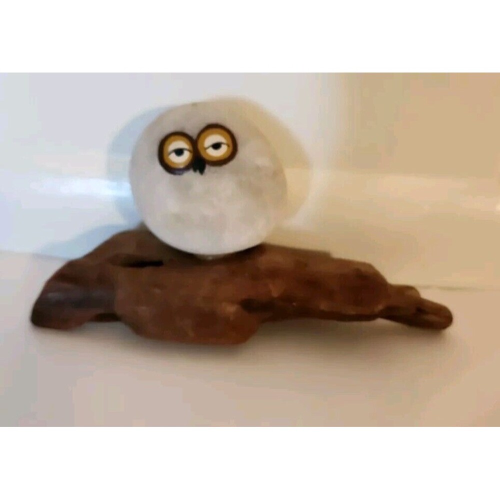 Vintage Handmade Painted Rock Stone Owl Driftwood Art Sculpture MCM 7" x 4"